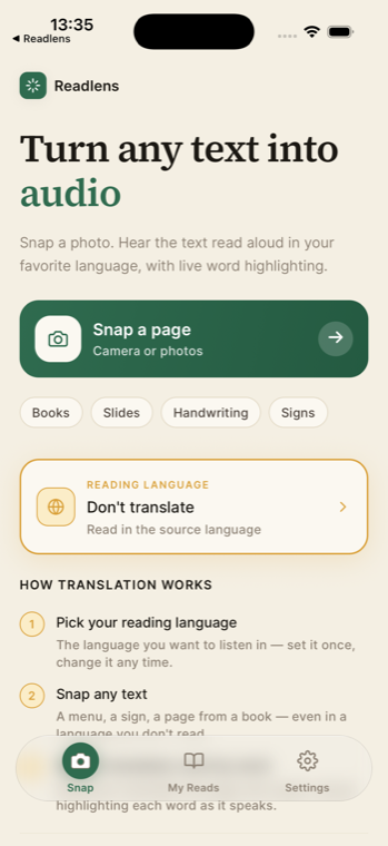 ReadLens home screen showing the headline 'Turn any text into audio' and a green 'Snap a page' button