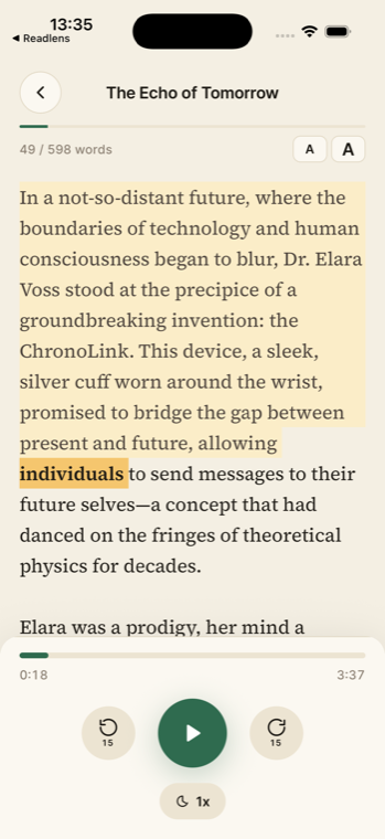 ReadLens reader: a story being read aloud with the current word highlighted in amber